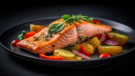 Salmon Steak with Potatoes and Herbs on Black Backgroundの素材