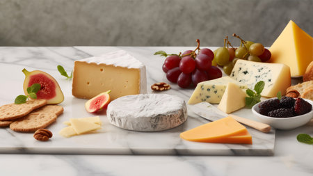 Different types of cheese on white marble table, closeup. Space for textの素材