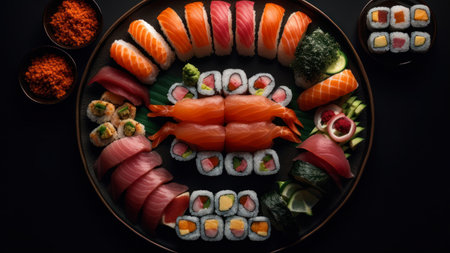 Sushi set on black background, top view. Japanese food restaurant menuの素材