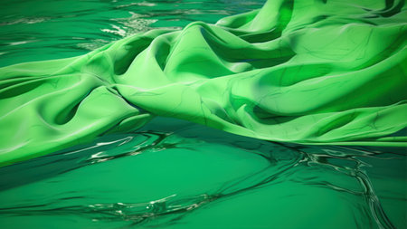 Abstract background of green wavy silk or satin. 3d render image.の素材