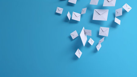 Envelopes flying on a blue background. 3d rendering.の素材