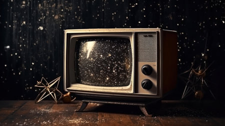Vintage TV on a wooden table with snowflakes in the backgroundの素材