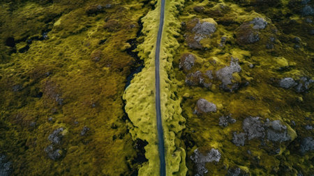 Aerial view of a road through green mossy fields in Icelandの素材