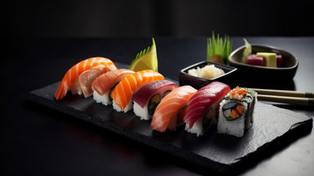 Sushi set on a black background. Sushi rolls. Japanese food.の素材