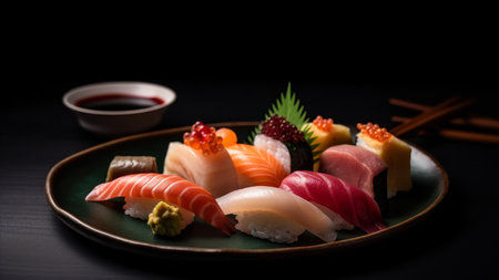 Sushi on a plate with chopsticks on a black background.の素材