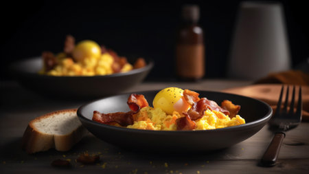 Scrambled eggs with bacon on a wooden table. selective focus.の素材