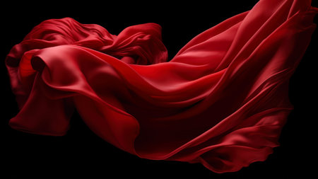 Abstract background of red wavy silk or satin. 3d render image. Image isolated on black background.の素材