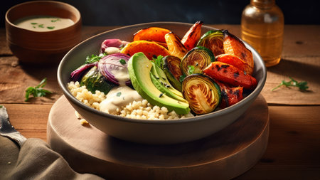 Salad with couscous, vegetables and herbs on wooden tableの素材