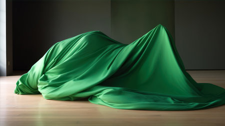 close up of a green satin fabric on a floor in a roomの素材