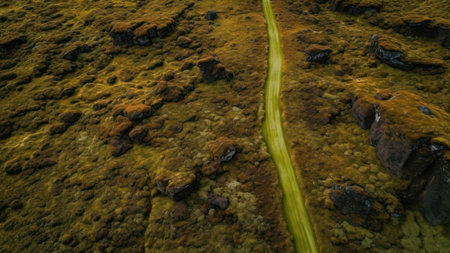 Aerial view of a path in the middle of a lava fieldの素材