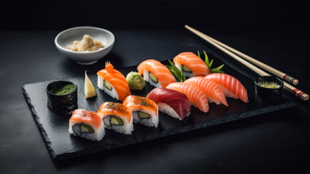 Sushi set with salmon, avocado, cream cheese and wasabi on black backgroundの素材