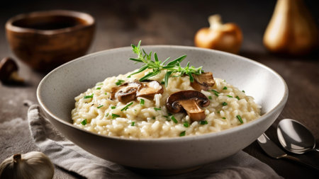 Risotto with champignons and herbs on a dark backgroundの素材