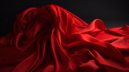 closeup of rippled red satin fabric on black backgroundの素材