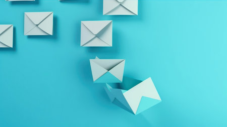 3d rendering of white paper envelopes flying in the blue backgroundの素材