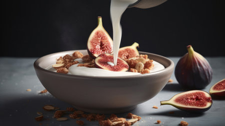 Pouring milk into bowl with granola and fresh figs on tableの素材