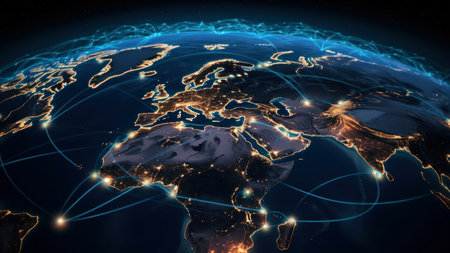 World map with glowing lines representing international communication. 3D illustration.の素材