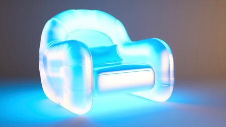 3d rendering of a blue armchair in a dark room.の素材