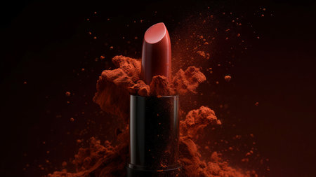 Lipstick with splashes of red powder on a dark backgroundの素材