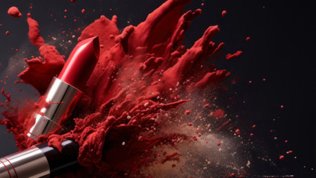 Red lipstick with splashes of red paint on a black background.の素材
