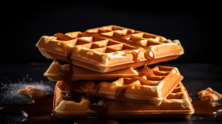 Freshly baked Belgian waffles with caramel on black background.の素材