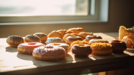 delicious donuts on wooden table in bakery shop, shallow dofの素材