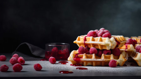 Belgian waffles with raspberries and jam on black backgroundの素材
