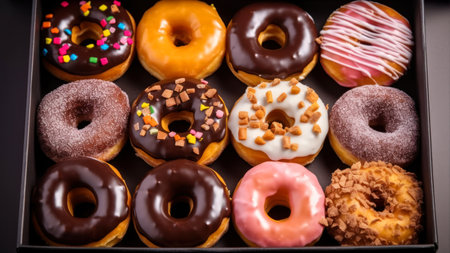 Box of assorted donuts with chocolate frosted, pink glazed and sprinkles donutsの素材