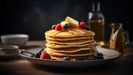 Pancakes with fresh berries and maple syrup on a wooden tableの素材