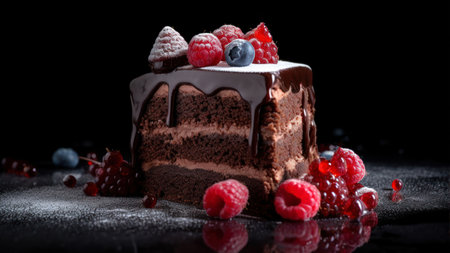 Chocolate cake with fresh berries on a black background. selective focus.の素材