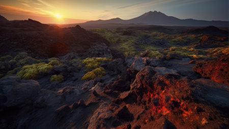 Volcanic crater at sunset. 3D rendering. fantasy landscape.の素材