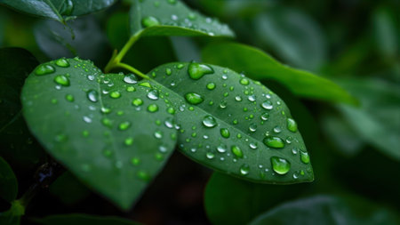 Green leaves with drops of water, close-up. nature backgroundの素材