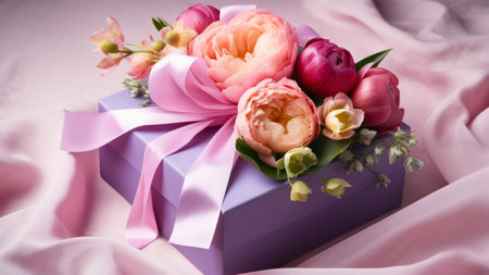 Gift box with beautiful flowers on satin background, closeupの素材
