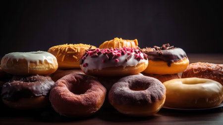 assorted donuts with chocolate, pink glazed and sprinkles donuts.の素材
