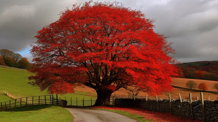 Autumn landscape with red tree in the English Lake District, UKの素材