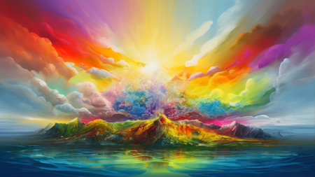 Beautiful multicolored fantasy landscape with mountains and clouds in the skyの素材