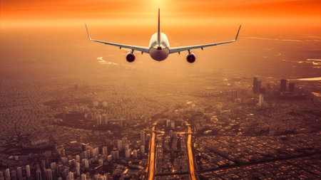 Airplane flying over the city at sunset. business travel concept.の素材