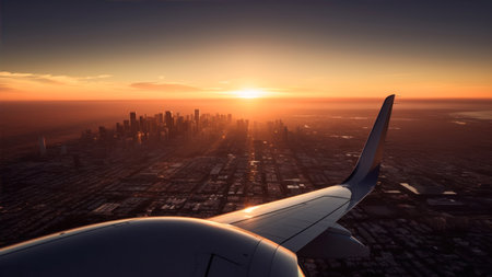 Airplane flying over the city at sunset. 3D rendering.の素材