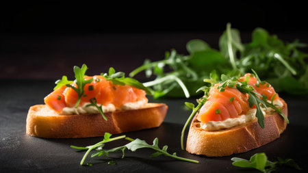 bruschetta with salmon and arugula on black backgroundの素材