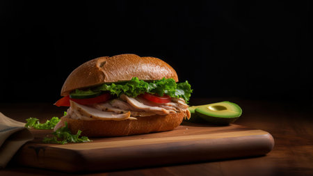 Sandwich with chicken and vegetables on a wooden board. Black background.の素材