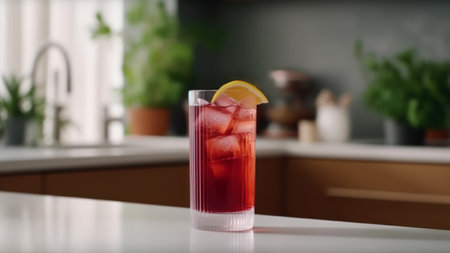 Alcoholic cocktail with lemon on table in kitchen, closeupの素材