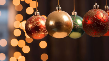 christmas baubles on bokeh background with copy spaceの素材