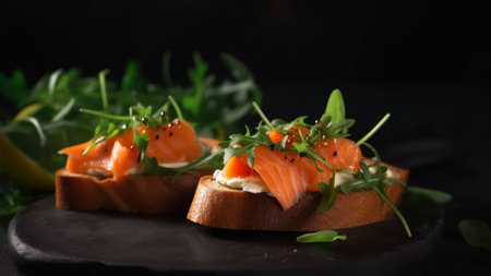 bruschetta with salmon and arugula on black backgroundの素材