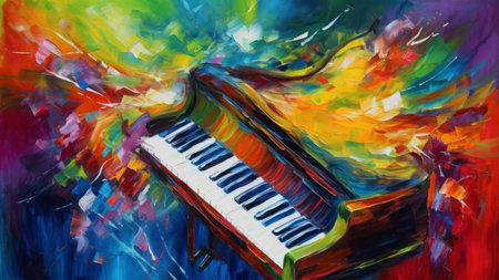 Piano with colorful abstract painting on canvas. Acoustic piano.の素材