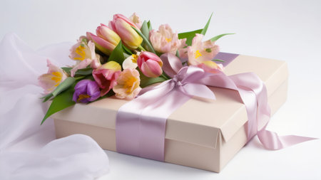 Bouquet of tulips and gift box on a white backgroundの素材