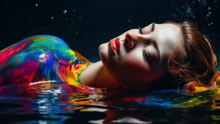 Beautiful young woman in water. Studio shot over dark background.の素材