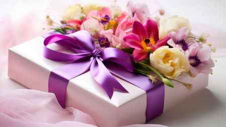 Gift box with ribbon and flowers on white background, closeupの素材
