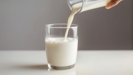 Pouring milk into a glass on a gray background, close upの素材