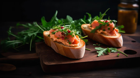 bruschetta with salmon and arugula on wooden boardの素材