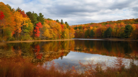 Autumn landscape with colorful forest and lake. Fall season in the forest.の素材