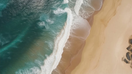Aerial drone view of ocean waves breaking on sandy beach with turquoise waterの素材